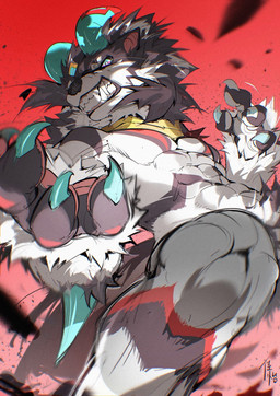2_horns 4_fingers abs anthro arm_spikes biped brown_body brown_fur claws collar elbow_spikes fangs finger_claws fingers front_view fur furrowed_eyebrows grey_body grey_fur gums head_horn horn looking_at_viewer looking_down looking_down_at_viewer male mouth_closed multicolored_eyes nude nude_anthro nude_male pecs pink_eyes pupils red_background red_body red_fur simple_background snarling snout solo spikes spikes_(anatomy) tail teal_claws teal_eyes teal_horn teal_spikes teeth white_body white_fur white_pupils chiayeeee canid mammal 2025 digital_drawing_(artwork) digital_media_(artwork) hi_res portrait signature three-quarter_portrait