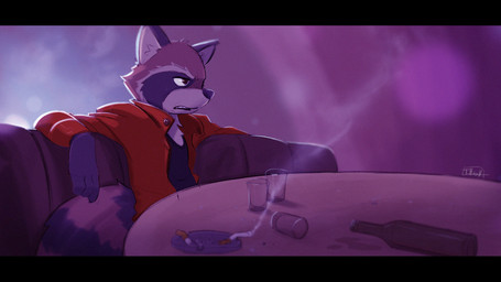 4_fingers anthro ashtray biped black_bars black_clothing black_topwear bottle brown_body brown_fur chair cigarette clothed clothing container cup fingers fur furniture grey_body grey_fur jacket male markings red_clothing red_topwear shirt sitting smoke solo spread_arms striped_markings striped_tail stripes table tail tail_markings topwear tash0 guardians_of_the_galaxy marvel rocket_raccoon mammal procyonid raccoon 16:9 2017 hi_res widescreen