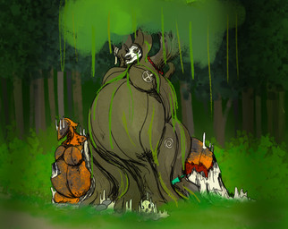 armor bone female fungus melee_weapon moss overgrown plant pregnant rust skull stone_age sword tree weapon vwpologt humanoid hi_res