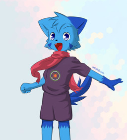 anthro blue_body blue_eyes blue_fur clothed clothing fur looking_at_viewer male open_mouth red_scarf scarf simple_background single_tooth smile smiling_at_viewer solo young young_anthro young_male hazumazu haziq_(hazumazu) domestic_cat felid feline felis mammal 2015