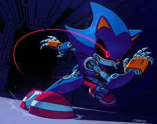 ambiguous_gender blue_body clothing determined footwear hallway machine pose red_clothing red_footwear red_shoes running shoes solo starrjoy sega sonic_the_hedgehog_(series) metal_sonic robot hi_res