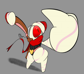 ambiguous_gender anthro brown_body brown_fur clothed clothing cybernetics eyebrows food fruit fur gesture grey_background hand_gesture inner_ear_fluff long_ears looking_at_viewer machine middle_finger pink_body pink_eyebrows pink_fur pink_inner_ear_fluff plant red_eyes red_scarf scarf shadow simple_background solo strawberry text tuft white_body white_fur rakugaki_(artist) nintendo pokemon merengue_(rakugaki) alcremie buneary cyborg food_creature generation_4_pokemon generation_8_pokemon hybrid pokemon_(species) strawberry_sweet_alcremie vanilla_cream_alcremie french_text hi_res
