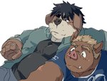 anthro brown_body brown_fur clothing duo fur humanoid_hands kemono male overweight overweight_male shirt simple_background topwear white_background train_(artist) canid canine canis domestic_dog domestic_pig mammal suid suina sus_(pig) 2021