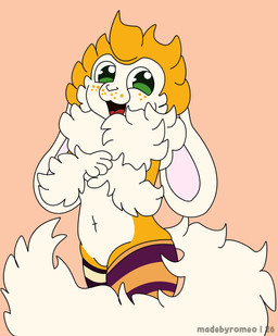 anthro clothing freckles happy legwear looking_at_viewer male neck_tuft solo standing thick_thighs thigh_highs tuft coelhoposa_(artist) romeo_(coelhoposa) canid canine fennec_fox fox hybrid lagomorph leporid mammal rabbit true_fox 2026 digital_media_(artwork) hi_res