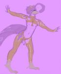 anthro balls beak biped clothed clothing feathers feet flaccid garter_straps genitals horn legwear male navel nipples partially_clothed penis pink_background pose simple_background solo standing tail tail_feathers talons thigh_highs toes bourbon_(artist) avian bird galliform peafowl phasianid 2011 5:6