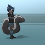 anthro bandage bandaged_leg bell bell_collar black_body black_fur blue_hair blush clothed clothing collar female flat_chested footwear fur hair pouting purple_eyes shoes socks solo tail young young_anthro young_female gothbunnyboy ketzio veronica_(natani) mammal mephitid skunk 1:1 2016