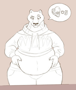 anthro belly claws clothed clothing female front_view fur holding_belly mouth_closed overweight overweight_anthro overweight_female slightly_chubby slightly_chubby_anthro slightly_chubby_female solo speech_bubble whiskers dragontzin goat_(movie) sony_corporation sony_pictures jett_fillmore felid mammal pantherine 2026 hi_res