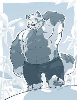 anthro biped black_nose bottomwear bulge clothing detailed_background male muscular muscular_male outside pants solo sun tongue tongue_out greenendorf canid canine canis domestic_dog mammal 2008