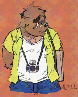 anthro black_nose bottomwear brown_body brown_fur camera clothing eyewear fur glasses kemono male pants shirt simple_background solo topwear hanakatsuo10 morenatsu kounosuke_kuri canid canine mammal raccoon_dog tanuki 2025 hi_res