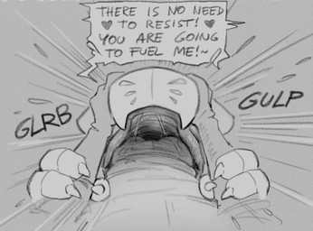 3_fingers ambiguous_gender ambiguous_pred arm_grab bodily_fluids bottomwear bulge claws clothed_prey clothing dialogue disembodied_head disembodied_torso duo feet_first fingers first_person_view front_view gloves grabbing_head gulp_(sound_effect) handwear high-angle_view humanoid_prey male onomatopoeia open_mouth panties_bulge pants partially_inside prey_pov radial_speed_lines saliva saliva_on_clothes saliva_string simple_background sound_effects swallowing talking_to_prey text vore vowelless vowelless_sound_effect stalvelle humanoid synth_(vader-san) english_text monochrome