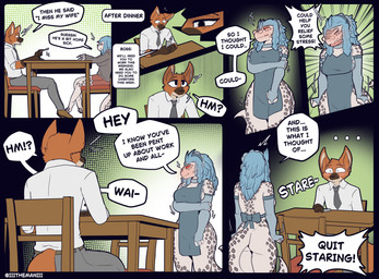 accessory anthro apron apron_only blue_hair blush chair clothed clothing dialogue duo ellipsis eyewear female furniture glasses gloves_(marking) hair male markings necktie orange_eyes shy sitting standing stare table text tired the_man canid canine mammal maned_wolf scalie absurd_res comic english_text hi_res