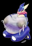 absurd_res alpha_channel amphibian anthro areola belly big_areola big_belly big_breasts blush bodily_fluids breasts clothed clothing digital_media_(artwork) female frog generation_6_pokemon greninja hi_res huge_areola huge_belly huge_breasts hyper hyper_areola hyper_belly hyper_breasts lactating lactating_through_clothing long_tongue milk nintendo nipple_outline nipples pokemon pokemon_(species) shaded shieradevil smile solo tail tan_areola tan_nipples text thick_thighs tongue tongue_out unnamed_character wet wet_clothing