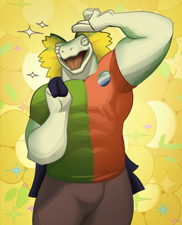 alternate_species anthro bottomwear clothing eyes_closed flower furrification happy lgbt_pride male pants plant pose pride_color_accessory pride_colors smile solo standing sweatpants vincian_pride_colors crocust deltarune undertale_(series) flowery_(deltarune) agamid elemental_creature flora_fauna flower_creature frilled_lizard lizard reptile scalie 2026 absurd_res hi_res
