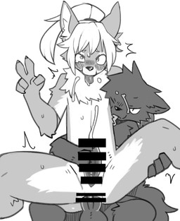 accessory ahegao anal anal_penetration animal_genitalia anthro anthro_on_anthro anthro_penetrated anthro_penetrating anthro_penetrating_anthro anus biped blush bodily_fluids censor_bar censored_genitalia censored_penis chair_position cheek_tuft chest_tuft cum cum_while_penetrated duo facial_tuft from_behind_position front_view genital_fluids genital_slit genitals gesture hair_accessory hair_tie hand_gesture handjob handjob_while_penetrating head_tuft intraspecies licking looking_pleasured male male/male male_penetrated male_penetrating male_penetrating_male nude nude_anthro nude_male penetration penile penile_penetration penis penis_in_ass plantigrade sex simple_background slim slim_anthro slim_male tapering_penis tongue tongue_out topknot tuft v_sign white_background pizademokttero aden_rakuraku nifram_logan canid canine canis mammal wolf 2026 censored digital_drawing_(artwork) digital_media_(artwork) hi_res monochrome