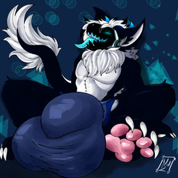 anthro big_bulge black_body black_fur blush boxers_(clothing) bulge claws clothing fluffy fluffy_chest fur hair horn huge_bulge machine male pawpads paws pink_pawpads simple_background sitting solo tail tail_tuft tongue tongue_out tuft underwear visor white_body white_fur white_hair lazaxus sirius_ogami_lunarius_(its_sephy) protogen 1:1 hi_res