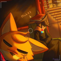 ambiguous_gender anthro book book_on_face camera_view chair chalkboard clothed clothing directional_arrow duo furniture inside ladder male on_chair one_ear_up robe selfie sitting sitting_on_chair sleeping squinted_eyes stairs text vvipereonk tunic_(video_game) ruin_seeker the_librarian_(tunic) canid canine fox mammal 1:1 character_cipher constructed_language constructed_script fictional_language hi_res translated trunic_text