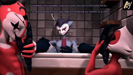 2_toes anthro anthro_on_anthro avian_feet barefoot bath bathing bathroom bathroom_sex bathtub claws dirty_talk feet foot_fetish foot_focus foot_grab foot_in_mouth foot_lick foot_play foot_suck genitals hind_toe hindpaw licking masturbation paws penis sucking text toe_claws toe_in_mouth toe_suck toes tongue worship worship_play worshipping_feet aldenyates hellaverse helluva_boss blitzo_(helluva_boss) moxxie_(helluva_boss) stolas_(helluva_boss) animal_humanoid avian avian_humanoid bird goetia humanoid imp owl 16:9 3d_(artwork) 4k absurd_res digital_media_(artwork) english_text hi_res widescreen