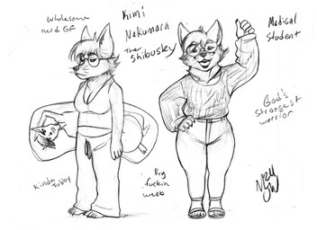 5_fingers 5_toes anthro barefoot big_breasts biped black_nose black_sclera body_pillow bottomwear breasts cheek_tuft cleavage clothed clothing curved_tail exposed_belly eyewear facial_tuft feet female fingers footwear glasses high_heels nails neck_tuft open_mouth pajama_pants pajama_shirt pajamas pants pillow pupils round_glasses sharp_nails sharp_toenails shoes shortstack simple_background smile solo sweater tail tight_bottomwear tight_clothing tight_pants toenails toes topwear tuft whiskers white_background white_pupils wide_hips mjw_darkmode kimi_(mjw_darkmode) canid canine canis domestic_dog husky mammal nordic_sled_dog shiba_inu spitz 2024 absurd_res hi_res model_sheet monochrome signature sketch traditional_media_(artwork)