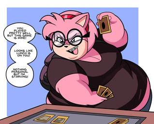 accessory anthro backpack braces breasts card card_game chubby_cheeks clothed clothing dialogue double_chin eyewear female fupa fur gaming glasses hair hair_accessory hairband nerd obese obese_anthro obese_female overweight overweight_anthro overweight_female pink_body round_glasses solo speech_bubble text yu-gi-oh_card superspoe sega sonic_the_hedgehog_(series) yu-gi-oh! amy_rose eulipotyphlan hedgehog mammal 2022 absurd_res english_text hi_res