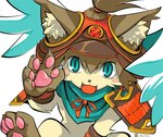 :d armor blue_eyes brown_hair brown_paws clothing feral fur hair hat headgear headwear male open_mouth pawpads paws samurai_armor smile sode solo tan_body tan_fur teeth tied_hair wings jeacn bandai_namco summon_night enzi_(summon_night) domestic_cat felid feline felis mammal