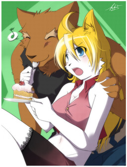 anthro blonde_hair blush breasts brown_body brown_fur cake cleavage clothed clothing cutlery dessert duo eating eyes_closed female food fork fur hair hand_on_shoulder kitchen_utensils male midriff musical_note musical_symbol navel romantic romantic_couple symbol tools upset white_body white_fur kubikitsune kubikitsune_(character) rudolf_(kubikitsune) canid canine canis domestic_dog fox mammal hi_res