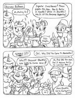 alternative_fashion anthro armwear back_wings beaten_up bottomwear bruised bruised_face choker clothed clothed_anthro clothed_female clothed_male clothing coat cutie_mark detective detective_hat dialogue eyelashes eyeliner facial_hair female fishnet_armwear fishnet_clothing fully_clothed fully_clothed_anthro fully_clothed_female fully_clothed_male goth group hair hat headgear headwear horn jewelry levitation makeup male map messy_hair mustache necklace partially_obscured partially_obscured_face pleated_skirt princess royalty skirt speech_bubble sweater sweater_vest tall_female text topwear trenchcoat unicorn_horn vest wings circe_(artist) friendship_is_magic hasbro my_little_pony mythology pink_panther_(series) fan_character gothy_moon_(circe) groucho_marx inspector_jacques_clouseau marx_brothers princess_eaststern_(minalhan) twilight_sparkle_(mlp) earth_pony equid equine horse mammal mythological_creature mythological_equine pony unicorn winged_unicorn black_and_white comic english_text french_text monochrome traditional_media_(artwork)