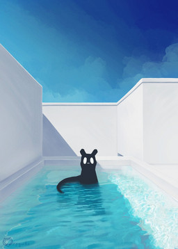 ambiguous_gender black_body blue_sky empty_eyes feral liminal_spaces looking_at_viewer partially_submerged sky solo swimming_pool tail water wide_eyed lilint poolrooms rain_world videocult watcher_(rain_world) slugcat 2024 absurd_res hi_res signature