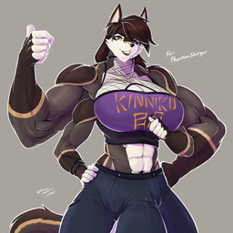 3_legs 4_arms 5_fingers anthro black_nose breasts brown_hair clothed clothed_anthro clothed_female clothing countershading female female_anthro fingers fully_clothed fully_clothed_anthro fully_clothed_female gesture grey_background hair hand_gesture humanoid_hands looking_at_viewer multi_arm multi_limb muscular muscular_anthro muscular_female navel orange_eyes purple_clothing purple_topwear simple_background smile smiling_at_viewer solo text text_on_clothing text_on_topwear thumbs_up topwear white_body white_countershading wmdiscovery93 brieanna_wollf canid canine canis mammal wolf 1:1 2021 dated digital_media_(artwork) hi_res portrait signature three-quarter_portrait