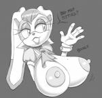 anthro big_breasts bouncing_sound_effect breasts clothing dialogue female gloves handwear lips mature_anthro mature_female motion_onomatopoeia nipples onomatopoeia partial_speech_bubble questioning_tone solo sound_effects text squidapple sega sonic_the_hedgehog_(series) vanilla_the_rabbit lagomorph leporid mammal rabbit english_text monochrome