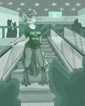 anthro bottomless breasts clothed clothing escalator eyes_closed feathers female fur genitals group hair hearing_aid mall public public_nudity pussy scuted_feet scutes shirt solo_focus tail tail_feathers text topwear flinters mythology lindsey_(tenpoundhammer) avian gryphon mythological_avian mythological_creature reverse_gryphon 4:5 digital_media_(artwork) english_text hi_res restricted_palette