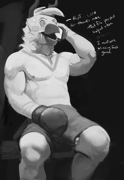 anthro blush bodily_fluids boxing_gloves breath bulge clothing cum cum_drip cum_in_clothing cum_in_underwear cum_through_clothing cum_through_underwear dialogue dripping electronics genital_fluids genitals handwear hypnosis hypnotic_eyes male mind_control muscular muscular_anthro muscular_male oblivious peeking_penis penis phone phone_call shirtless shirtless_anthro shirtless_male solo tuft underwear wet wet_clothing wet_underwear wrapped_arms saudax7 avian hi_res monochrome