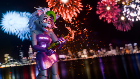 anthro bottle city city_background cityscape clothing container cork_popping depth_of_field dress facial_markings female fireworks glistening glistening_clothing glistening_dress green_highlights head_markings highlights_(coloring) holding_bottle holding_container holding_object machine markings solo anonamine five_nights_at_freddy's five_nights_at_freddy's:_security_breach scottgames steel_wool_studios roxanne_wolf animatronic canid canine canis mammal robot robot_anthro wolf 2026 3d_(artwork) blender_(artwork) digital_media_(artwork) hi_res