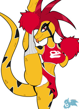 anthro anus big_breasts breasts cheerleader_outfit clothing female flexible genitals hair labia_peek navel non-mammal_breasts non-mammal_navel one_leg_up panties raised_leg red_eyes red_hair simple_background solo splits spread_legs spread_vulva spreading standing tail thick_thighs underwear vertical_splits vulva white_background yellow_body phunter15 ember_(phunter15) dinosaur dromaeosaurid prehistoric_species reptile saurischian scalie theropod velociraptor hi_res