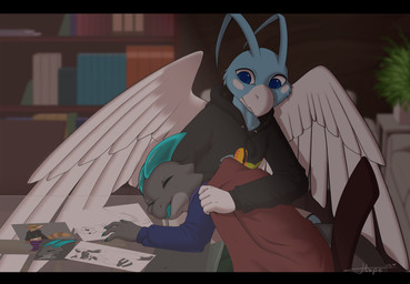 4_fingers anthro arm_markings beak bedding biped black_bars black_clothing black_hoodie black_topwear blanket blue_body blue_clothing blue_eyes blue_hoodie blue_horn blue_tongue blue_topwear blurred_background book bookshelf bottomless bottomless_anthro bottomless_female brown_body brown_ears brown_fur brown_markings brown_tail chair claws clothed clothed_anthro clothed_male clothing detailed_background digitigrade dim_lighting drawing_(object) duo eyes_closed facial_markings featureless_crotch female finger_claws fingers footwear fur fur_markings furniture glass glass_table gloves_(marking) grey_body grey_spikes head_markings head_spikes hoodie horn inside leg_markings legwear library male markings mask_(marking) multicolored_body multicolored_fur nude nude_female nude_male on_chair on_one_leg open_mouth pattern_clothing pattern_footwear pattern_legwear pattern_socks plant plant_pot purple_clothing purple_footwear purple_legwear purple_socks purple_stripes scar sitting sitting_on_chair sleeping socks socks_(marking) sofa spikes spikes_(anatomy) standing striped_body striped_clothing striped_footwear striped_fur striped_legwear striped_markings striped_socks striped_tail stripes tail tail_markings tongue topwear two_tone_body two_tone_fur white_beak white_body white_fur white_wings wings thatskyhope nintendo pokemon fan_character matias_cloudbirb side_b yuki_(side_b) altaria avian generation_3_pokemon kobold pokemon_(species) scalie 2025 absurd_res digital_media_(artwork) hi_res letterbox