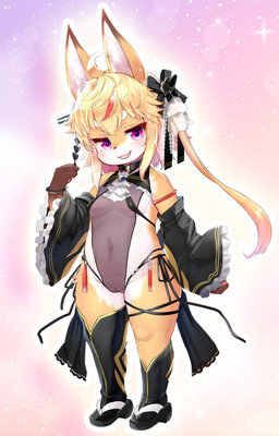 abstract_background anthro armwear asian_clothing biped blonde_hair breasts brown_body brown_fur clothed clothing countershading detached_sleeves east_asian_clothing female fur hair ineffective_clothing japanese_clothing leg_markings looking_at_viewer markings multicolored_hair no_bra no_underwear orange_body orange_fur pink_background ponytail purple_eyes red_hair ribbons short_hair simple_background small_breasts socks_(marking) solo translucent translucent_clothing white_body white_countershading white_fur young ro asian_mythology east_asian_mythology japanese_mythology mythology two_beasts_or_not_to_beast kini_(two_beasts_or_not_to_beast) deity fox_spirit official_art adult_(lore)
