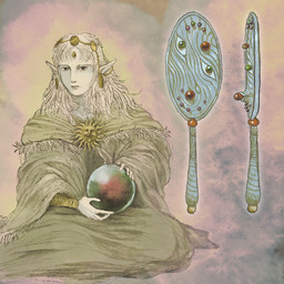 ambiguous_gender bangs clothed clothing crystal_ball fantasy forehead_gem gem hair hand_mirror humanoid_pointy_ears looking_at_viewer medieval_fantasy mirror not_furry pointy_ears sitting solo sun plastiboo elf humanoid 1:1 hi_res