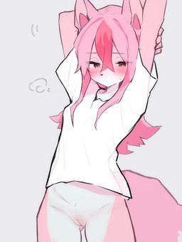 anthro biped blush blush_lines bottomless clothed clothing female fur genitals hair long_hair pink_body pink_fur pink_hair red_eyes shirt shirt_only simple_background solo topwear topwear_only vulva white_background white_body white_clothing white_fur white_shirt white_topwear lilkon brand_new_animal studio_trigger nazuna_hiwatashi canid canine fox mammal 2026 absurd_res hi_res