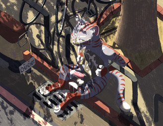 animal_genitalia arms_tied balls barefoot bdsm bicycle bodily_fluids bondage bound brick cum cum_in_mouth cum_inside cum_on_balls cum_on_belly cum_on_body cum_on_face cum_on_feet cum_on_ground cum_on_penis digitigrade drain eyebrows feet fingers fur genital_fluids genitals green_eyes green_sclera grey_body grey_fur guardrail inner_ear_fluff looking_at_viewer male multicolored_body multicolored_fur nude open_mouth pawpads penis pink_ears pink_nose pink_pawpads pink_penis pink_tongue plant public_use purple_body purple_fur red_body red_fur red_stripes restraints road rope rope_bondage scooter shadow sheath sitting solo stripes tail teeth_showing tongue tongue_out tree tuft vehicle white_body white_eyebrows white_fur chuchochi chuchochi_(character) domestic_cat felid feline felis mammal hi_res
