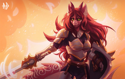 anthro armor black_sclera breasts clothed clothing eyebrows eyelashes female fingers fire green_eyes hair horn melee_weapon non-mammal_breasts red_hair shield solo sword tail weapon andyd mythology razia_(narej) dragon mythological_creature mythological_scalie scalie 2020 digital_media_(artwork)