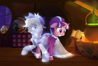 book cauldron clothing cowboy_hat dress duo female feral fire fur furniture globe hair hat headgear headwear horn inside looking_back multicolored_hair night pink_body pink_fur purple_eyes sky translucent translucent_body two_tone_hair window scootiebloom friendship_is_magic hasbro my_little_pony mythology applejack_(mlp) snowfall_frost_(mlp) starlight_glimmer_(mlp) earth_pony equid equine ghost horse mammal mythological_creature mythological_equine pony spirit unicorn 2016 hi_res