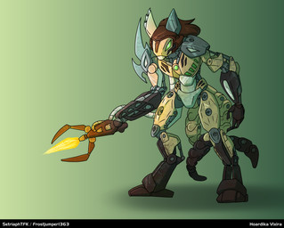 2_tails armor armor_plates blow_torch brown_hair fire green_eyes grime hair mechanic multi_tail robotic tail weapon setriaphtfj bionicle lego vixira_(syrup-taifh) biomechanical canid canine fox hordika mammal absurd_res hi_res