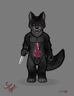 animal_genitalia animal_penis anthro balls black_body black_fur bodily_fluids canine_genitalia canine_penis dagger erection fangs fur genital_fluids genitals grey_background knife knot male melee_weapon nude penis precum red_eyes red_penis simple_background solo teeth weapon wolfalaska canid canine canis mammal wolf absurd_res hi_res
