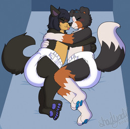 3_toes 4_toes ambiguous_gender anthro bed big_diaper black_hair black_nose blue_background blue_pawpads blush blush_lines brown_body brown_fur brown_tail clean_diaper clothed clothing cuddling diaper diaper_only dipstick_tail duo eyes_closed face_to_face feet floppy_ears fur furniture gloves_(marking) grey_nose hair heart_symbol hug hugging_another leg_markings lying markings multicolored_body multicolored_fur nose_to_nose on_bed on_side orange_body orange_fur orange_inner_ear pawpads pointy_ears purple_inner_ear simple_background smile socks_(marking) tail tail_markings tan_body tan_fur tan_tail tan_tail_tip text toes tongue tongue_out topless two_tone_body two_tone_fur two_tone_tail wavy_mouth wavy_smile wearing_diaper whisker_spots white_diaper yellow_body yellow_fur shadyadi aster_(pup-aster) smoky_(smoky_doggo) canid canine canis domestic_dog mammal 2025 artist_name hi_res signature
