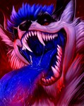 anthro blue_mouth bodily_fluids claws demonic demonic_eyes dripping fangs fur glistening grey_body grey_fur horn male male_pred mouth mouth_shot open_mouth pupils red_eyes saliva saliva_on_tongue saliva_string slit_pupils teeth tongue tongue_out themikefox myth_(mythdawuff) canid canine canis demon dire_wolf mammal prehistoric_species wolf wolf_demon absurd_res hi_res