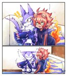 anthro bed duo embarrassed exclamation_point fire fur furniture gaming green_eyes grey_body grey_fur hair male playing_video_game question_mark red_hair text kotoki_09 bandai_namco digimon nintendo nintendo_switch digimon_(species) flamemon strabimon hi_res japanese_text translated