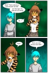 2:3 anthro blue_hair brown_hair casual_exposure clothed clothing comic conditional_dnp countershading dialogue duo english_text felid female flora_(twokinds) fur hair human keidran male mammal orange_body orange_fur pantherine text tiger tom_fischbach topless trace_legacy twokinds white_body white_fur
