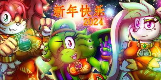 accessory ambient_lighting anthro asian_clothing bangs big_breasts bracelet breasts button_nose buzz_cut carrot_pattern cat_smile chinese_clothing chinese_dress cjk_character claws cleavage_cutout clothing crescent_(shape) crossed_arms curvy_figure cutout dress east_asian_clothing emerald_necklace eyebrows eyeshadow facial_markings feathers female finger_claws fireworks floppy_ears freckled_breasts freckled_face freckled_legs freckled_shoulders freckled_thighs freckles gesture gloves green_eyeshadow group hair hand_gesture handwear head_markings headband holidays hourglass_figure jewelry long_ears looking_at_viewer magenta_eyes makeup markings necklace night one_eye_closed open_mouth paw_pose pigtails ponytail pose purple_eyes rabbit_pattern raised_eyebrow red_clothing red_dress red_eyeshadow red_hair red_headband rim_light round_ears short_hair shoulderless_dress smile snaggle_tooth spread_wings striped_body stripes teal_eyes teeth tiger_pattern topwear trio tube_top v_sign wide_hips wings wink winking_at_viewer spdy4 chinese_new_year chinese_zodiac mythology abbi_(supersmz) abigail_hughes arrow_(spdy4) arrow_the_dragon arrow_xiang_long fang-lin couatl dragon eastern_dragon feathered_scalie feathered_snake felid hybrid lagomorph mammal mythological_creature mythological_scalie pantherine reptile scalie snake tiger 2024 absurd_res digital_media_(artwork) hi_res widescreen