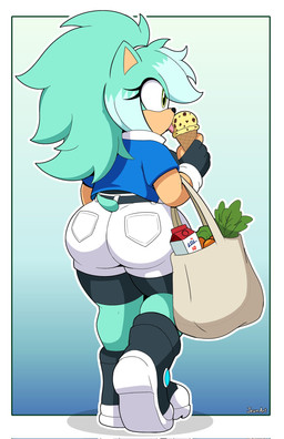 amber_eyes anthro bag belt big_butt bottomwear butt clothed clothing denim denim_bottomwear denim_clothing denim_shorts dessert eyelashes female fingerless_gloves food footwear fully_clothed furgonomics gloves groceries hair handwear holding_bag holding_food holding_ice_cream_cone holding_object ice_cream ice_cream_cone licking_ice_cream long_hair multicolored_hair rear_view shirt shoes shorts solo spats teal_hair text tongue tongue_out topwear two_tone_hair white_hair wide_hips jeanart sega sonic_the_hedgehog_(series) fan_character eulipotyphlan hedgehog mammal 2026 artist_name hi_res