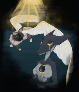 anthro augmented blue_eyes cat_nose cloud cybernetics feathered_wings feathers female feral fluffy fur looking_at_viewer machine male r.i.p. rest_in_peace simple_background sitting solo synthetic tail tan_body tan_fur wings the_dark_skull android angel canid canine canis cyborg domestic_cat felid feline felis jackal mammal robot absurd_res colored digital_media_(artwork) guide_lines hi_res sketch