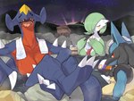 2021 ambiguous_gender anthro anthrofied big_breasts blush breasts crustle eyes_closed feet female garchomp gardevoir generation_3_pokemon generation_4_pokemon generation_5_pokemon group hi_res hot_spring kame_3 looking_at_viewer looking_back lucario night nintendo nude open_mouth outside partially_submerged pokemon pokemon_(species) pokemon_unite pokemorph red_eyes water